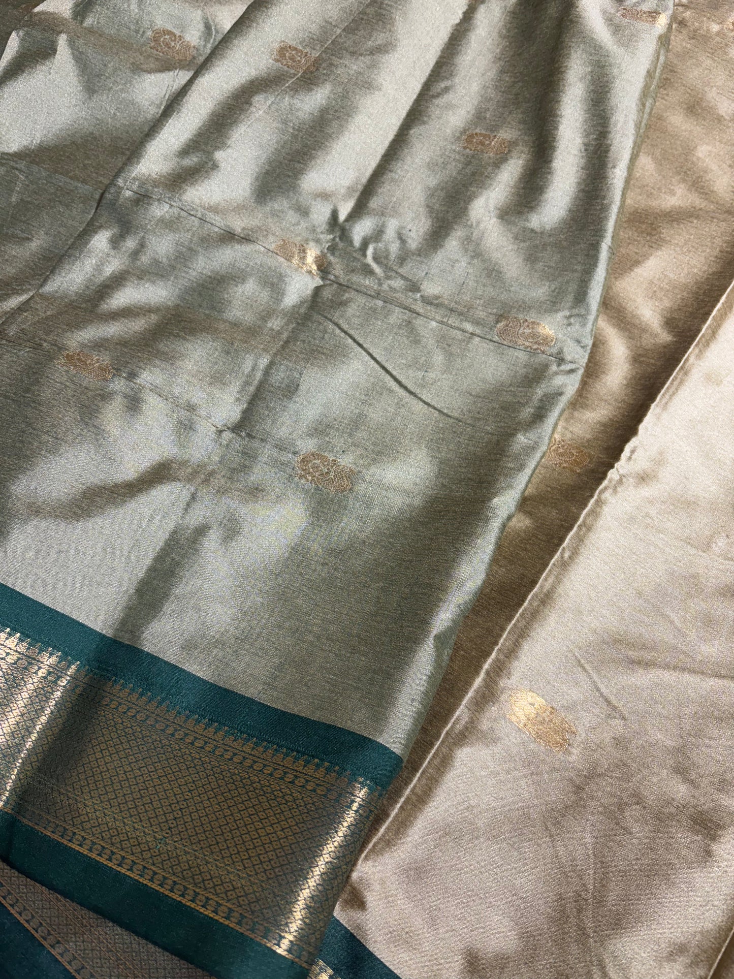 Tussar with bottle green silk cotton saree