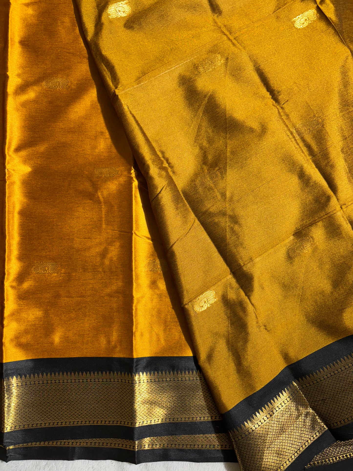Mustard yellow with black silk cotton saree
