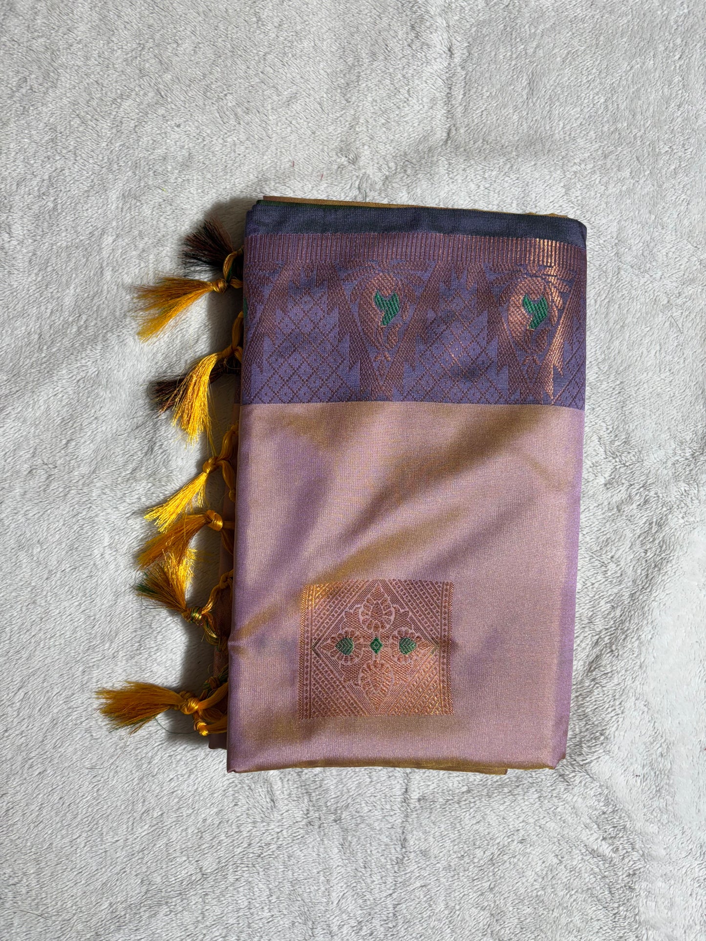 Lavender with purple soft silk saree wth temple border and tassels