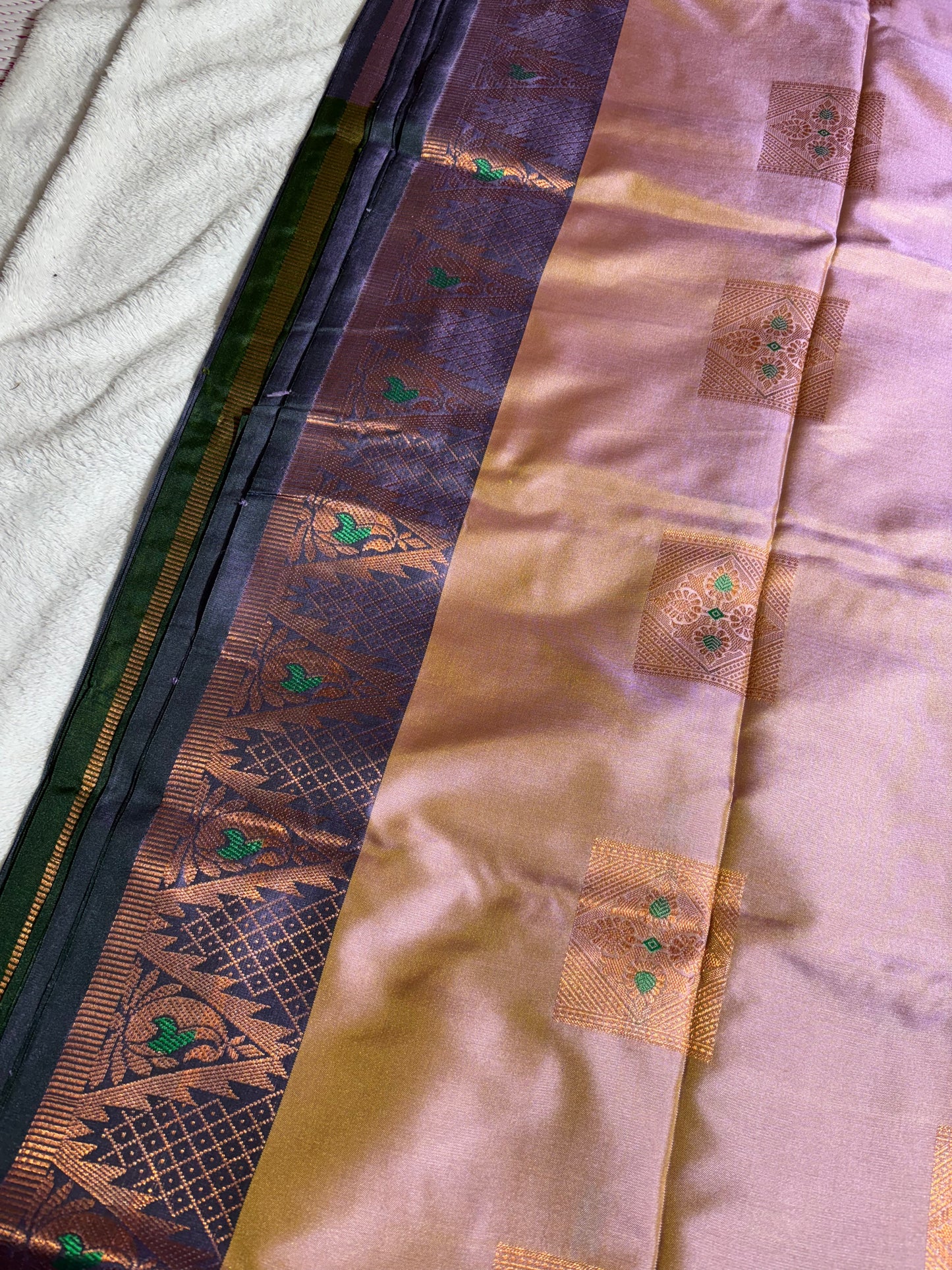 Lavender with purple soft silk saree wth temple border and tassels