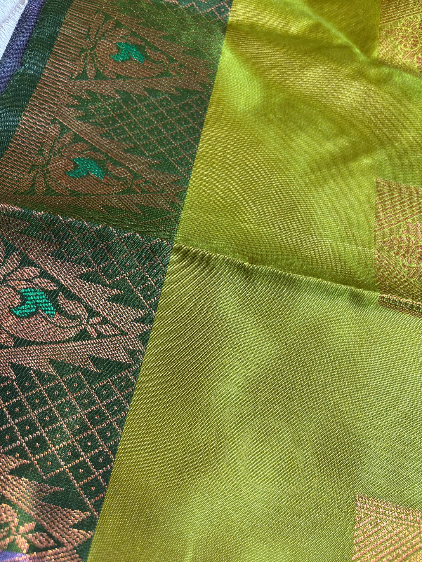 Lavender with purple soft silk saree wth temple border and tassels