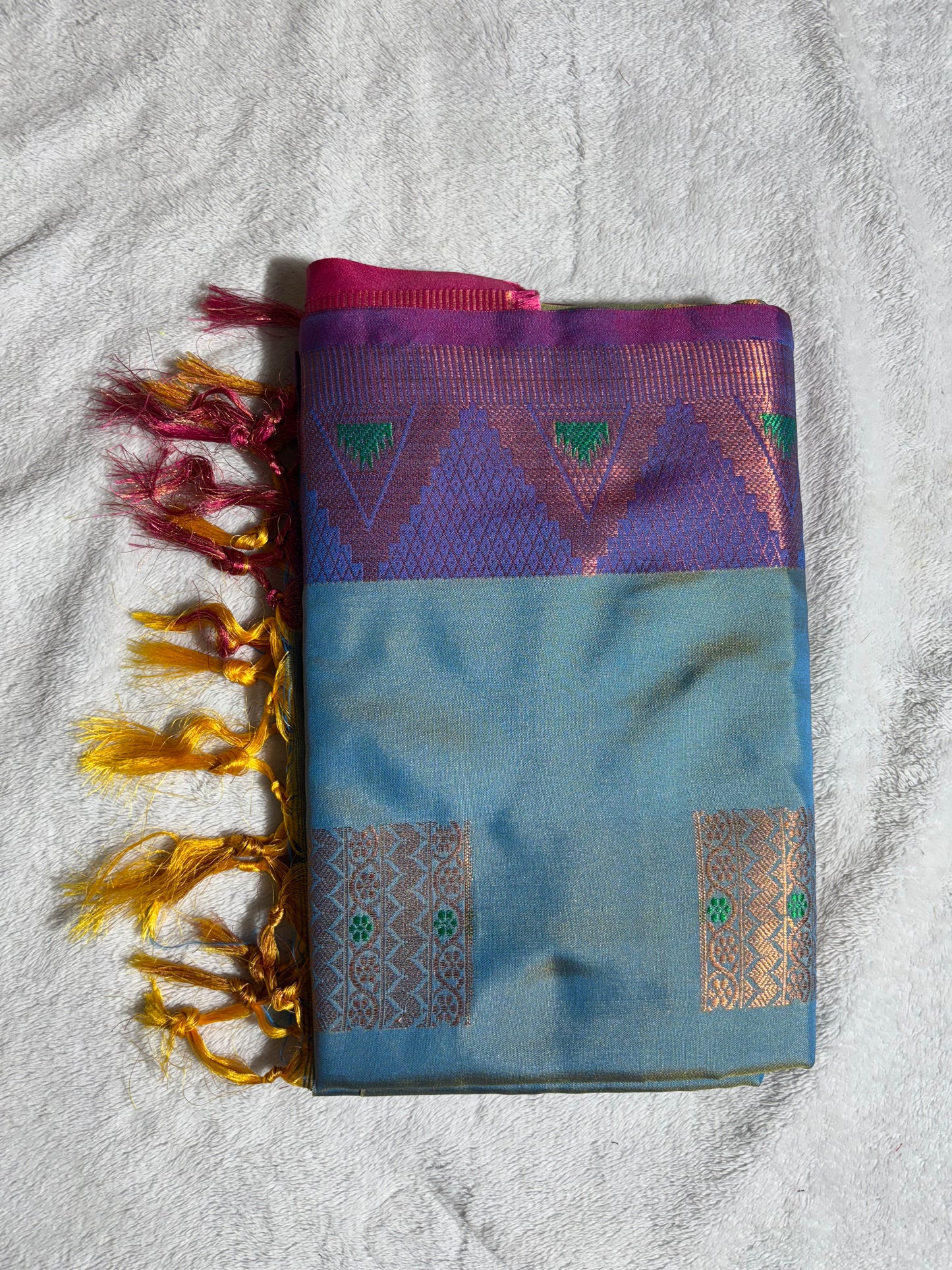 Sea blue with purple soft silk saree with temple border
