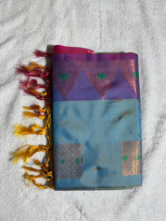 Sea blue with purple soft silk saree with temple border