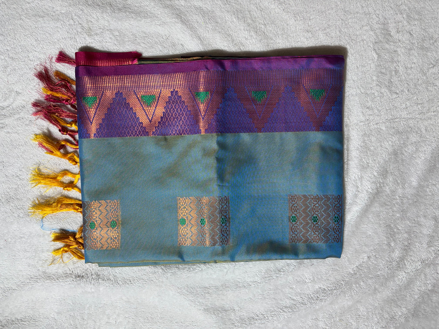 Sea blue with purple soft silk saree with temple border