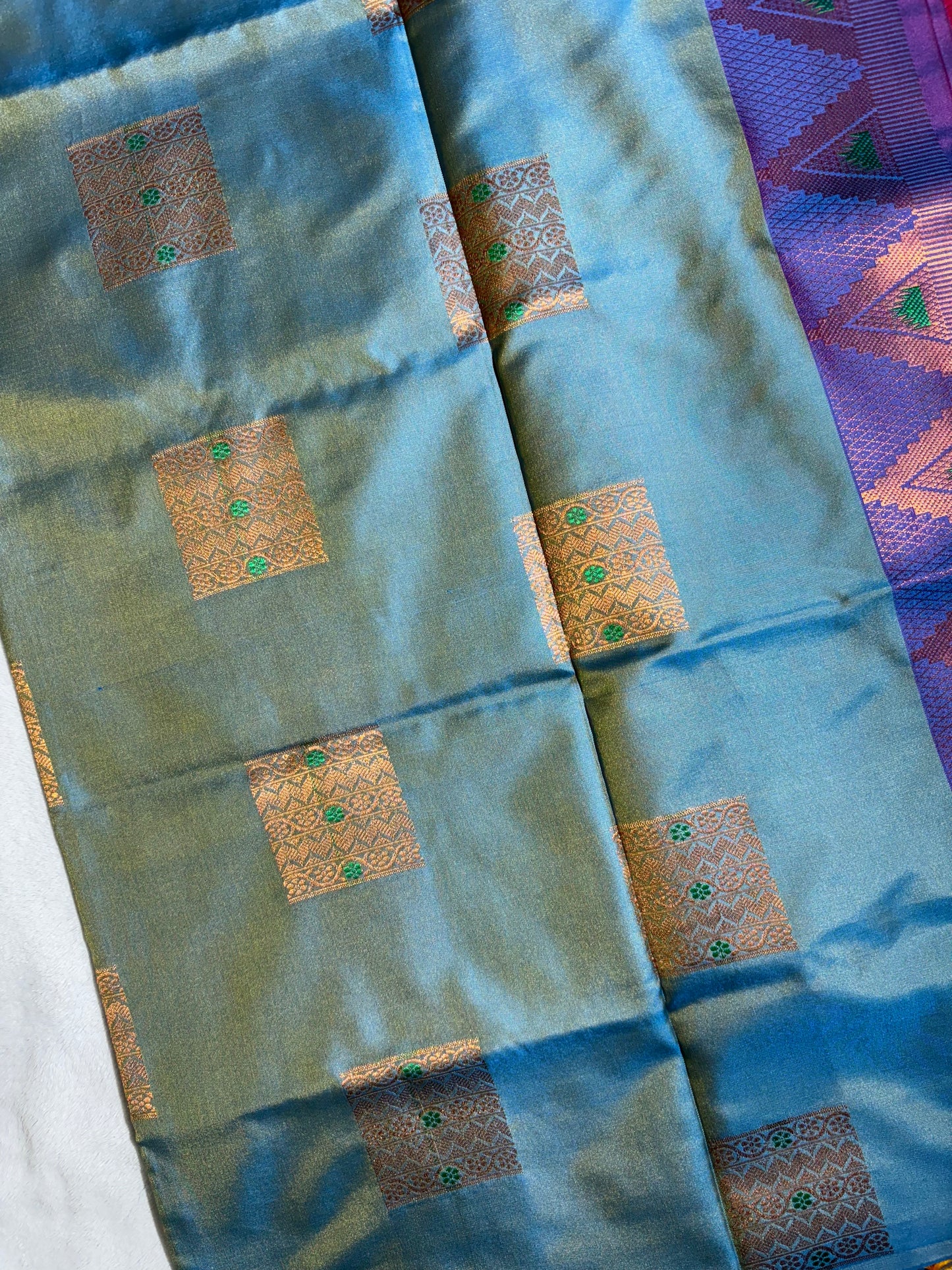 Sea blue with purple soft silk saree with temple border