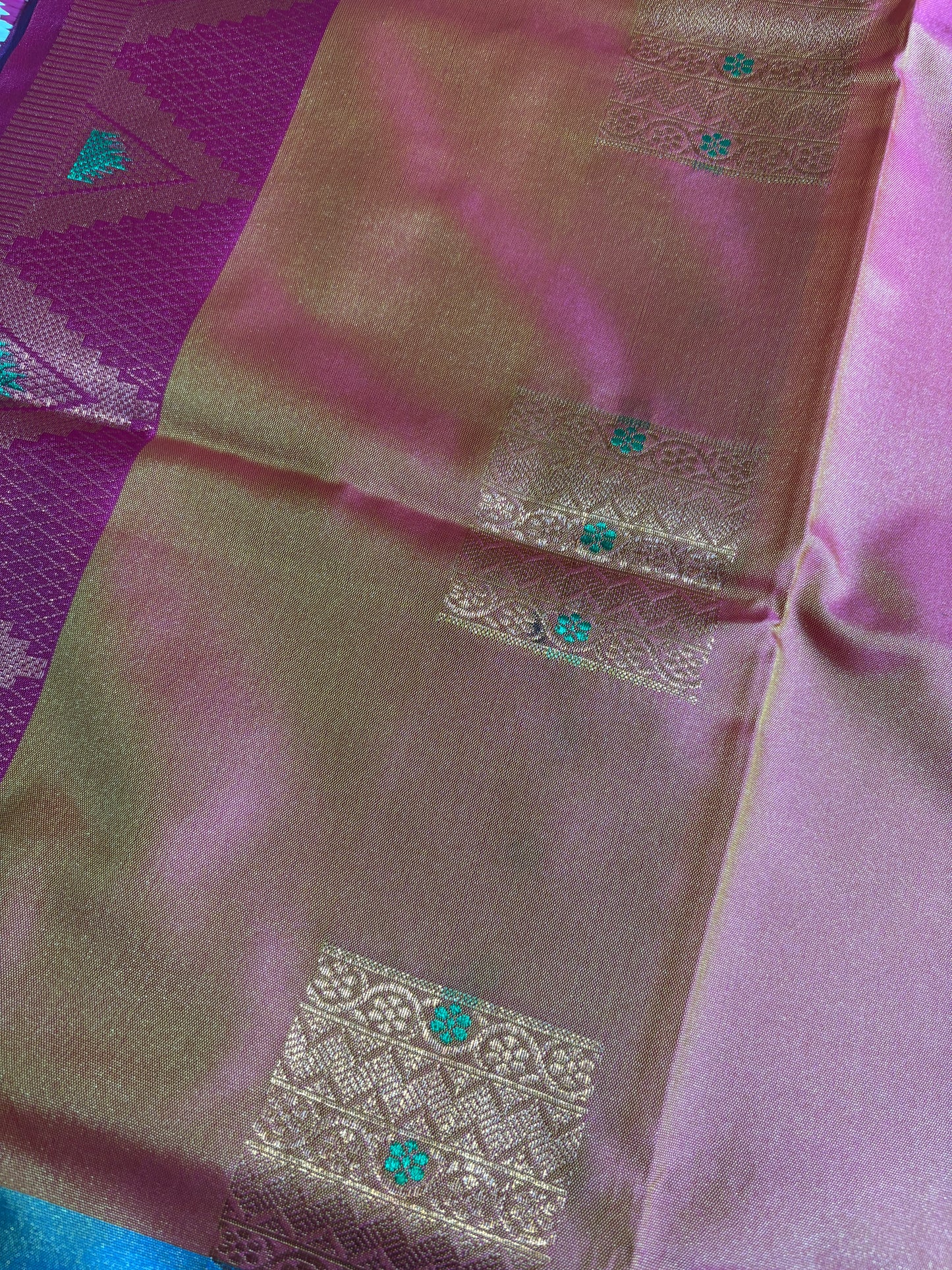 Sea blue with purple soft silk saree with temple border