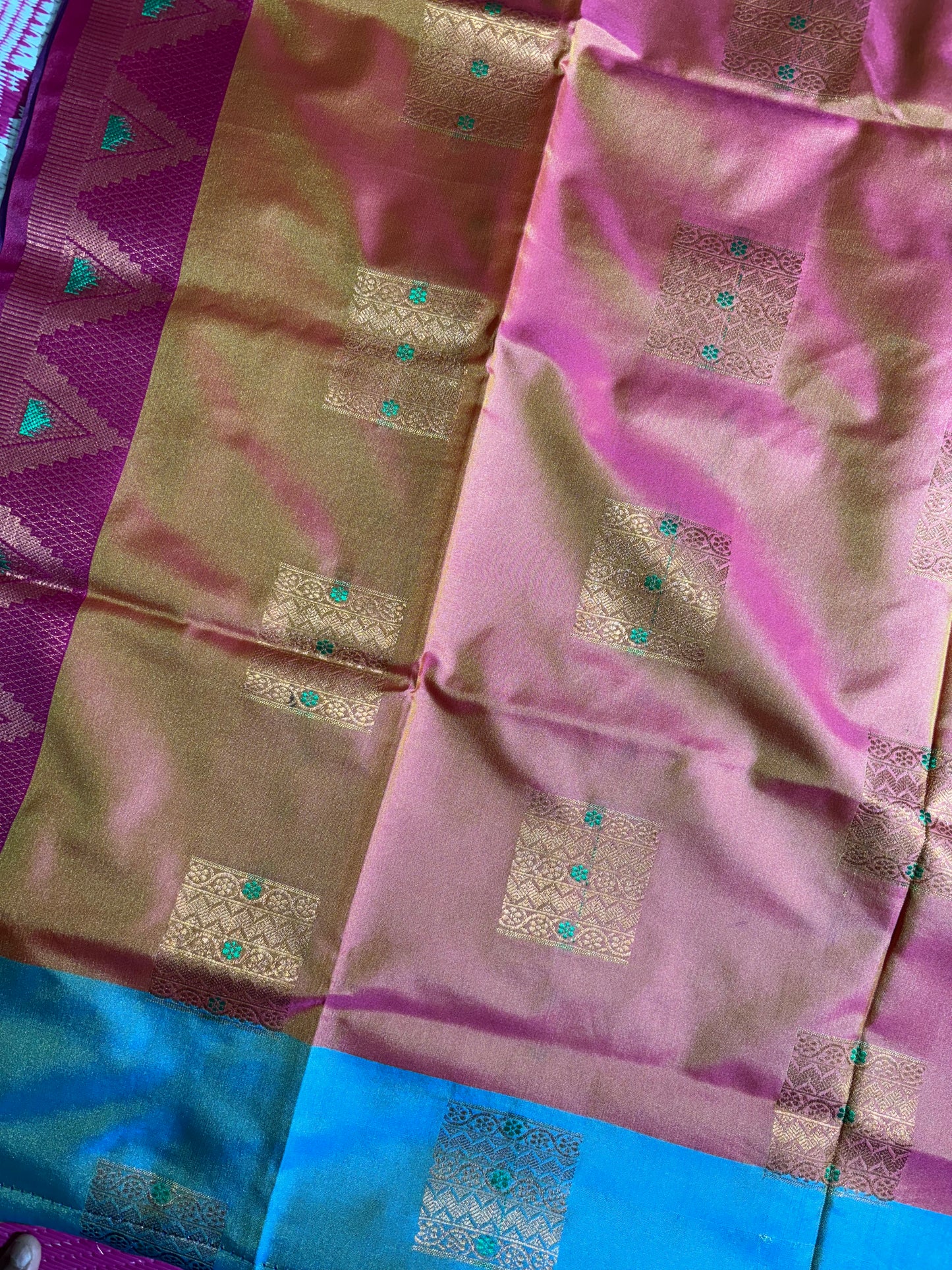 Sea blue with purple soft silk saree with temple border