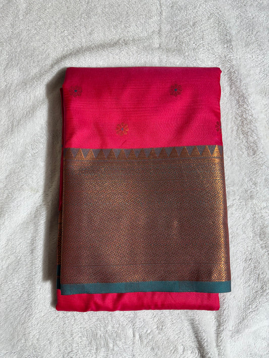 Red with Green soft silk saree