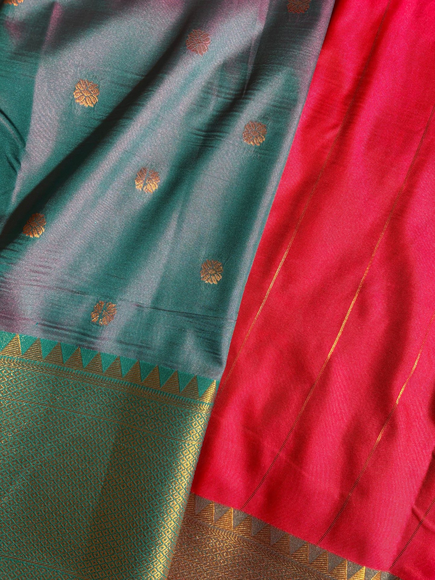 Red with Green soft silk saree
