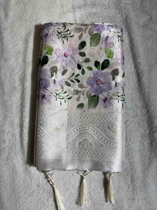 white cotton silk saree with purple floral prints allover