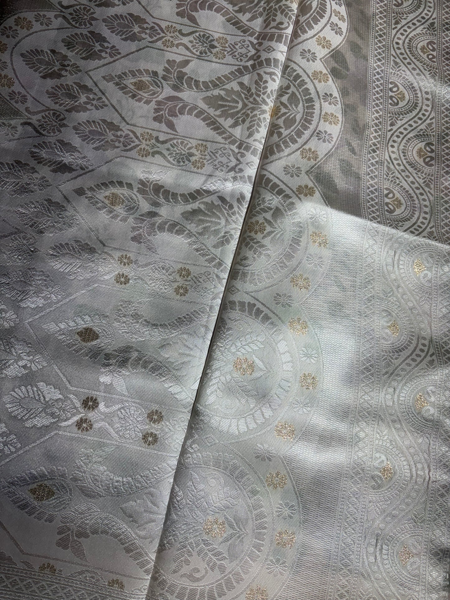 white cotton silk saree with purple floral prints allover