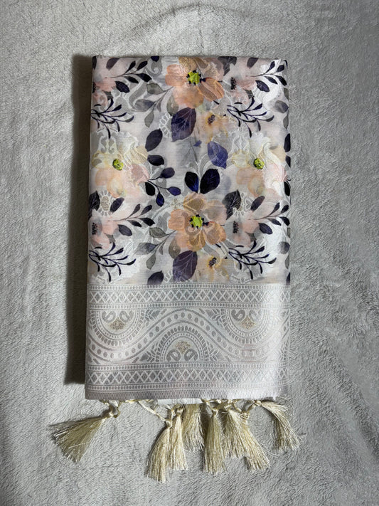 White cotton silk saree with orange floral print allover
