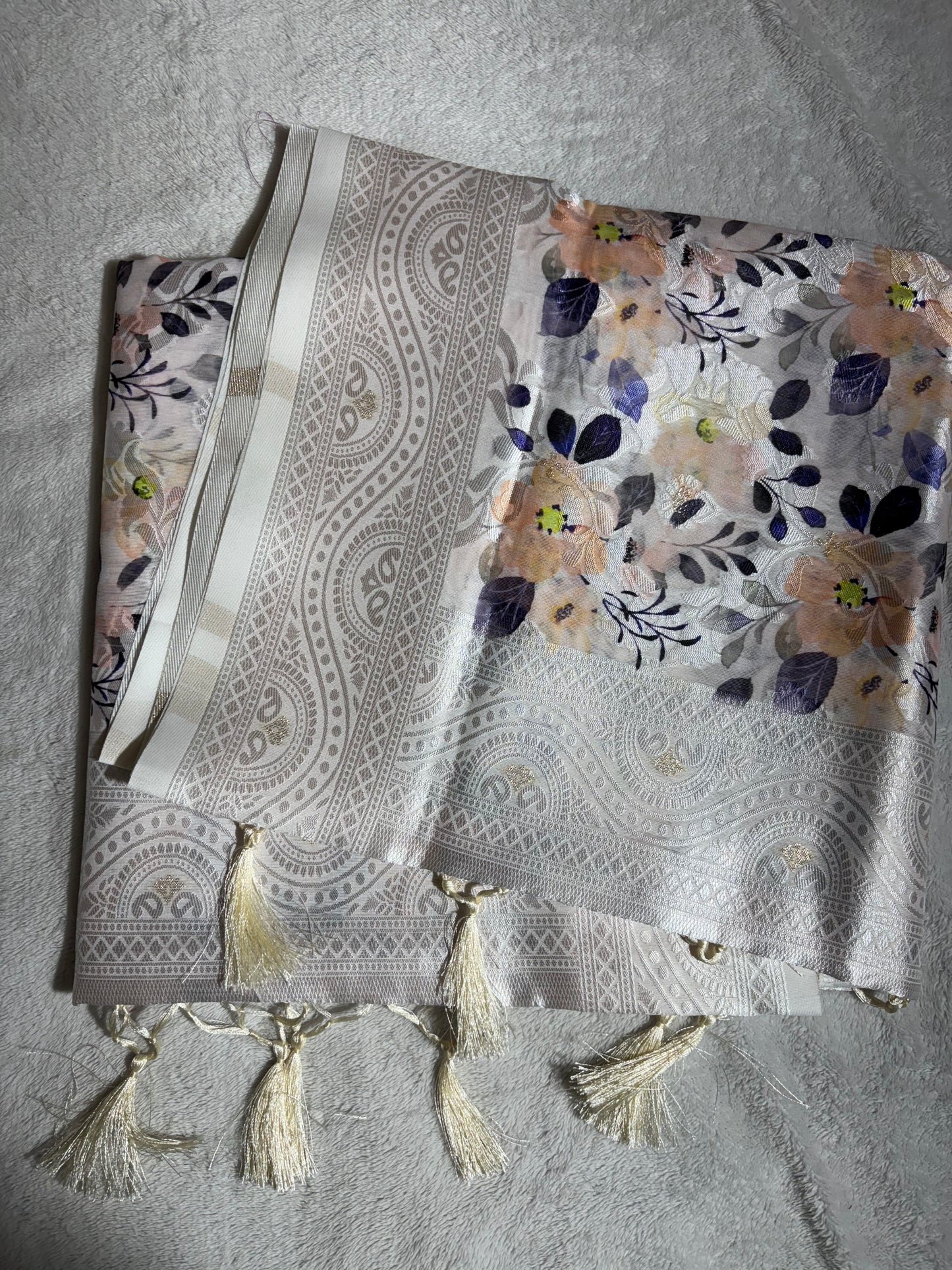 White cotton silk saree with orange floral print allover