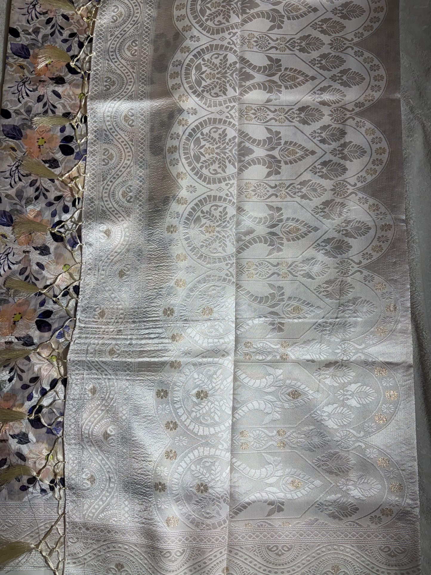 White cotton silk saree with orange floral print allover