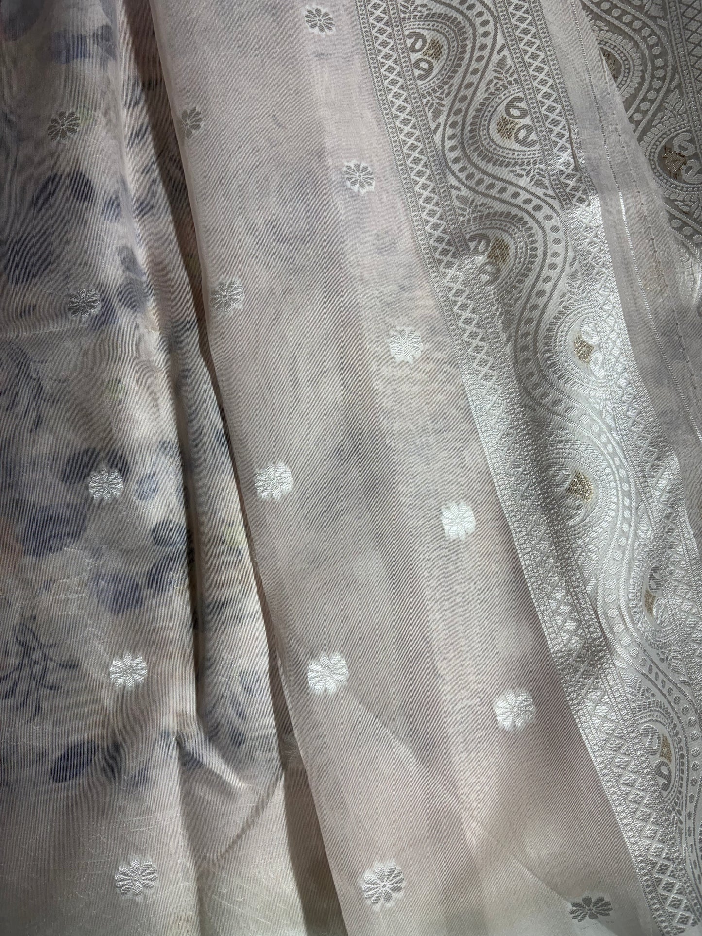 White cotton silk saree with orange floral print allover