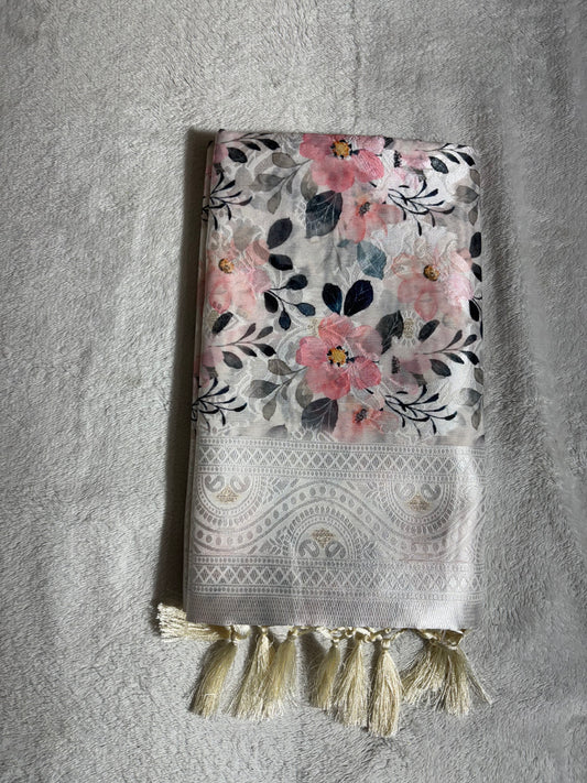 White cotton silk saree with pink floral print allover