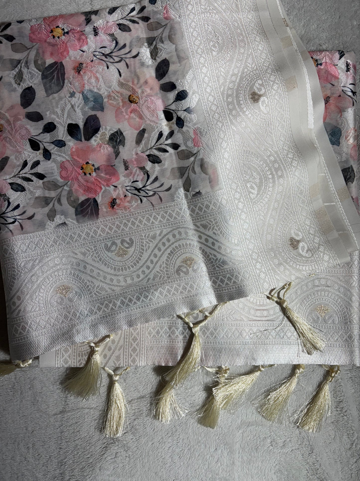 White cotton silk saree with pink floral print allover