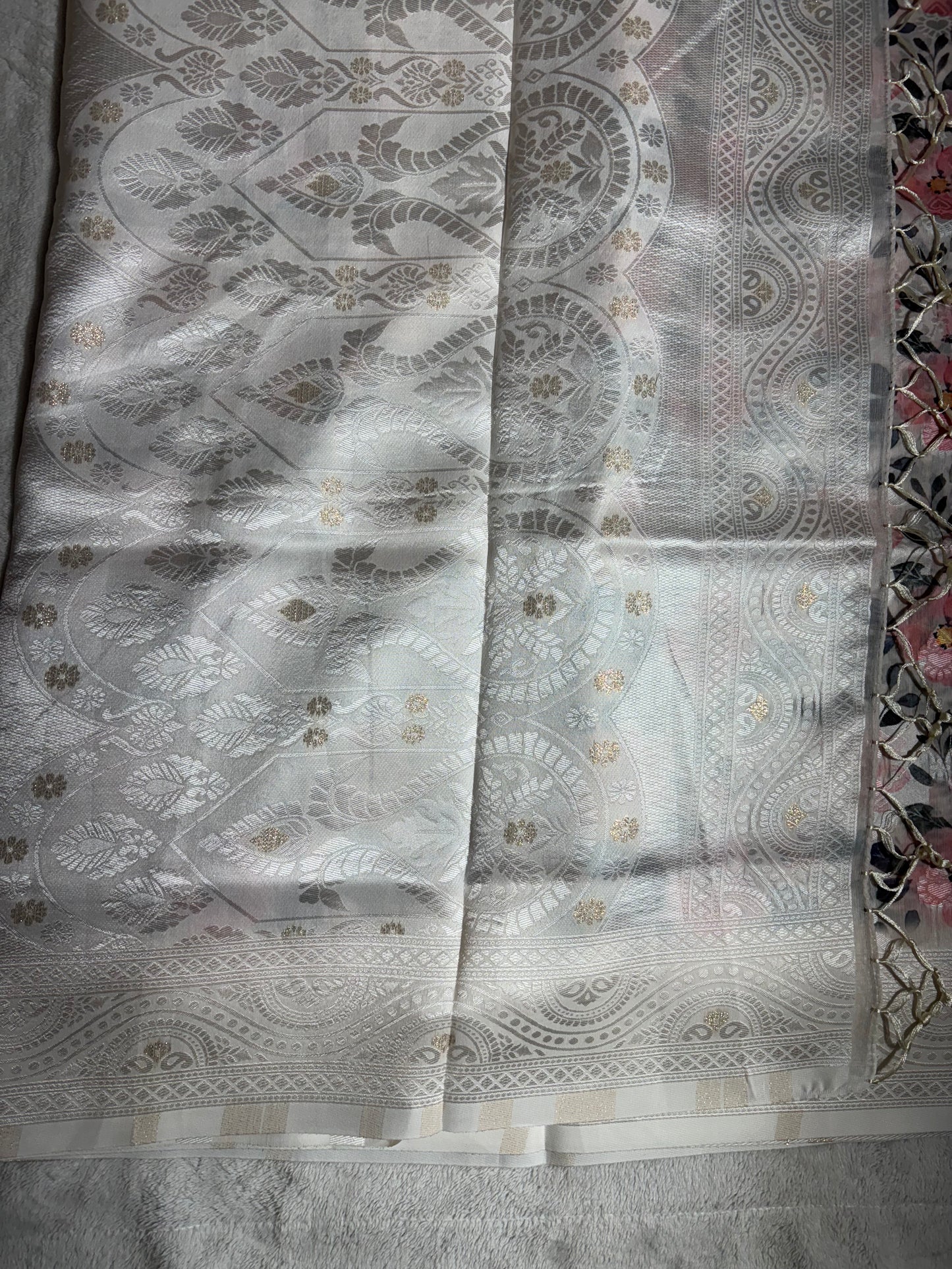 White cotton silk saree with pink floral print allover