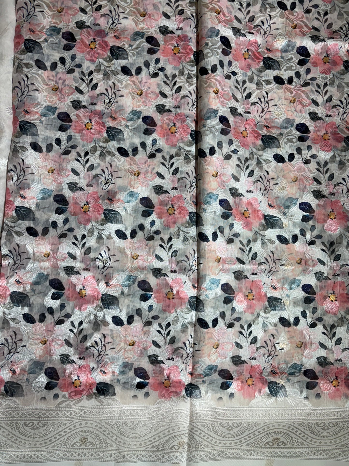 White cotton silk saree with pink floral print allover