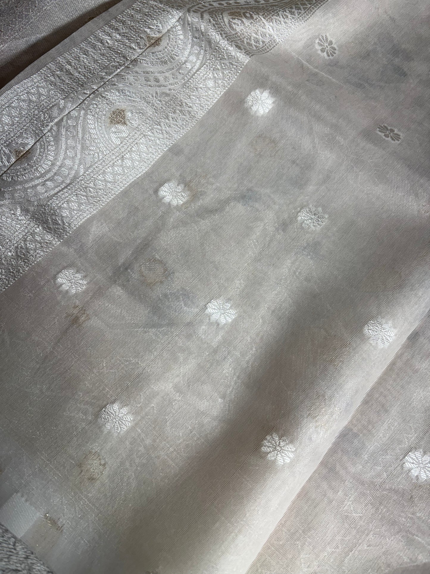 White cotton silk saree with pink floral print allover