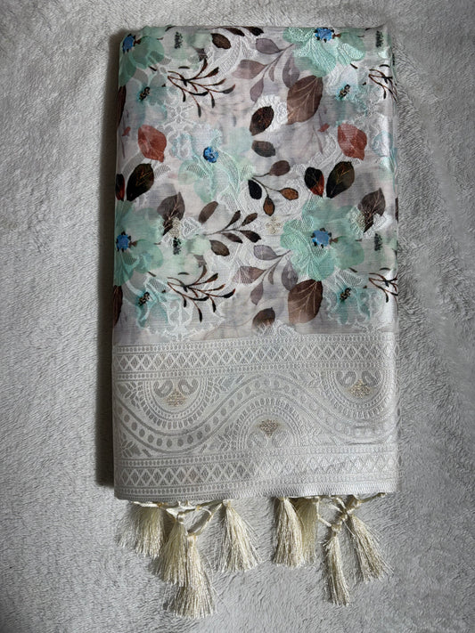 White cotton silk saree with Rama green floral print allover