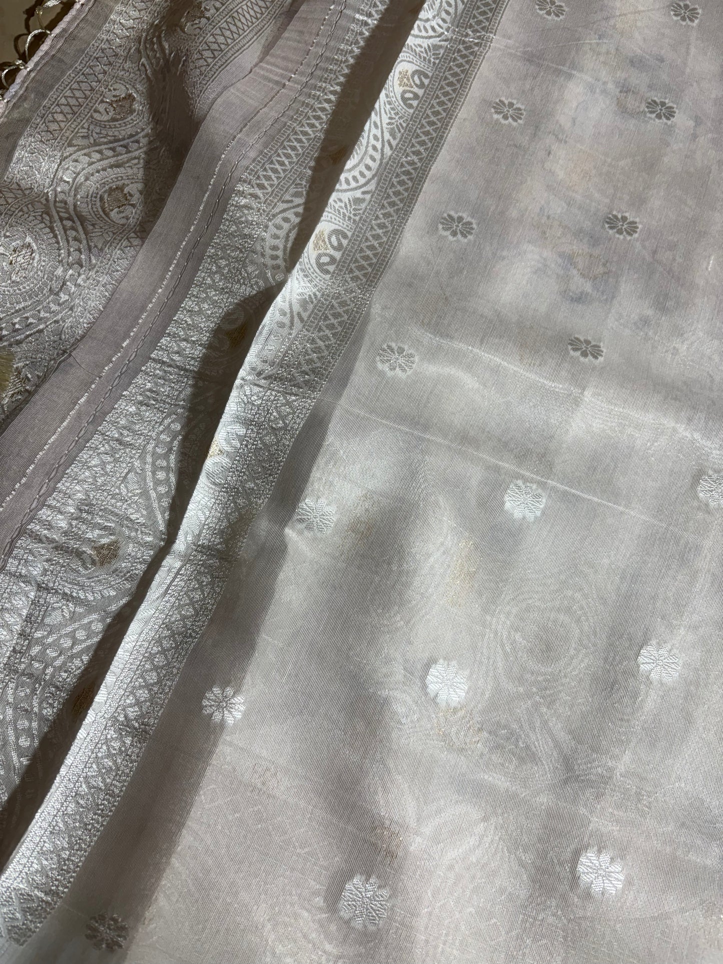 White cotton silk saree with Rama green floral print allover