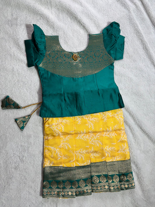 Dark green blouse with mustard yellow lehenga pattu pavadai