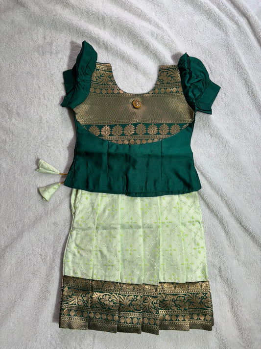 Dark green blouse with pista green lehenga pattu pavadai blouse with