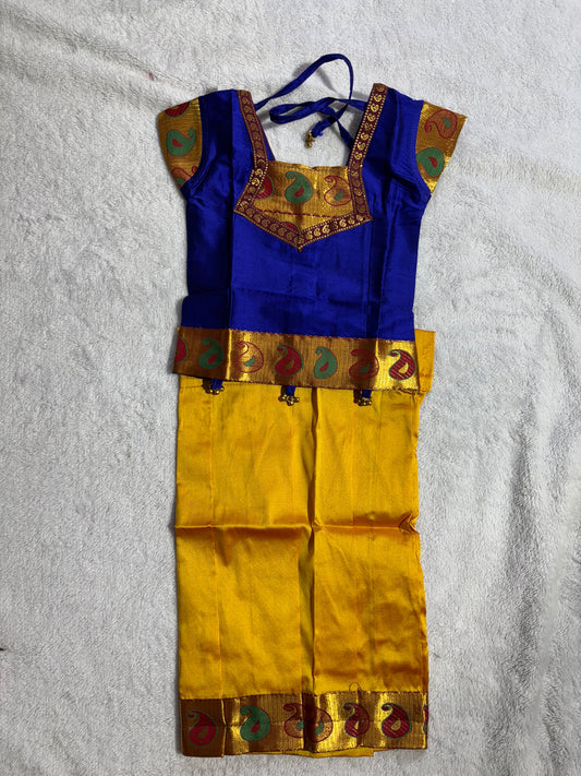 Pattu Pavade rich blue blouse paired with a mustard yellow lehenga