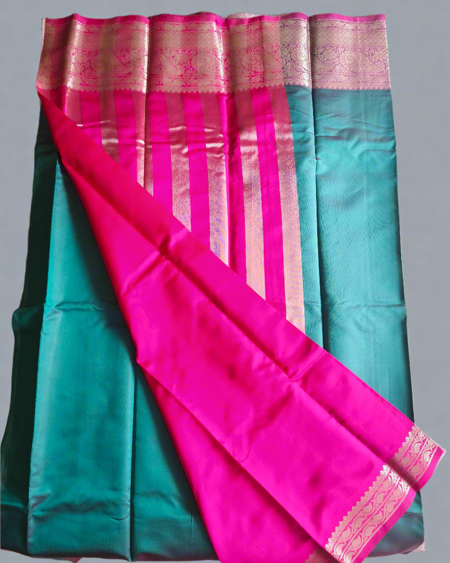 Elegant Semi Silk Saree in Teal Green & Pink with Rich Zari Border